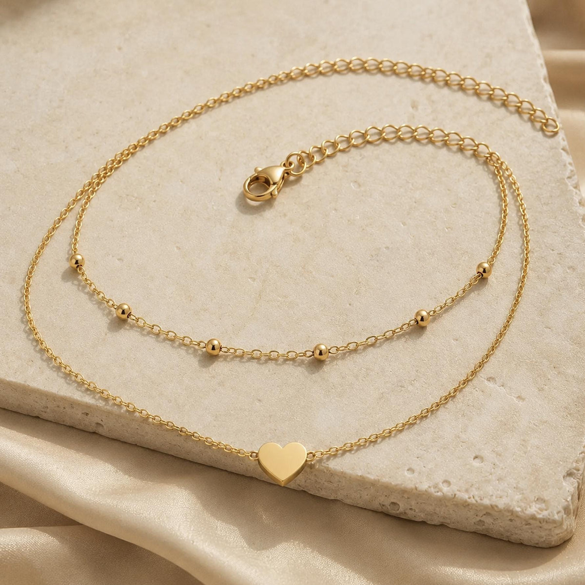 Minimalist Double Layer Heart Anklet • Gold Silver Beach Foot Jewelry • Dainty Ankle Bracelet