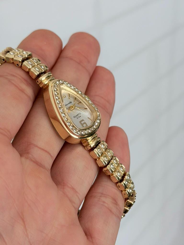 Women's Gold Crystal Watch, Elegant Bracelet Watch, Luxury Quartz Dress Watch Gift for Her