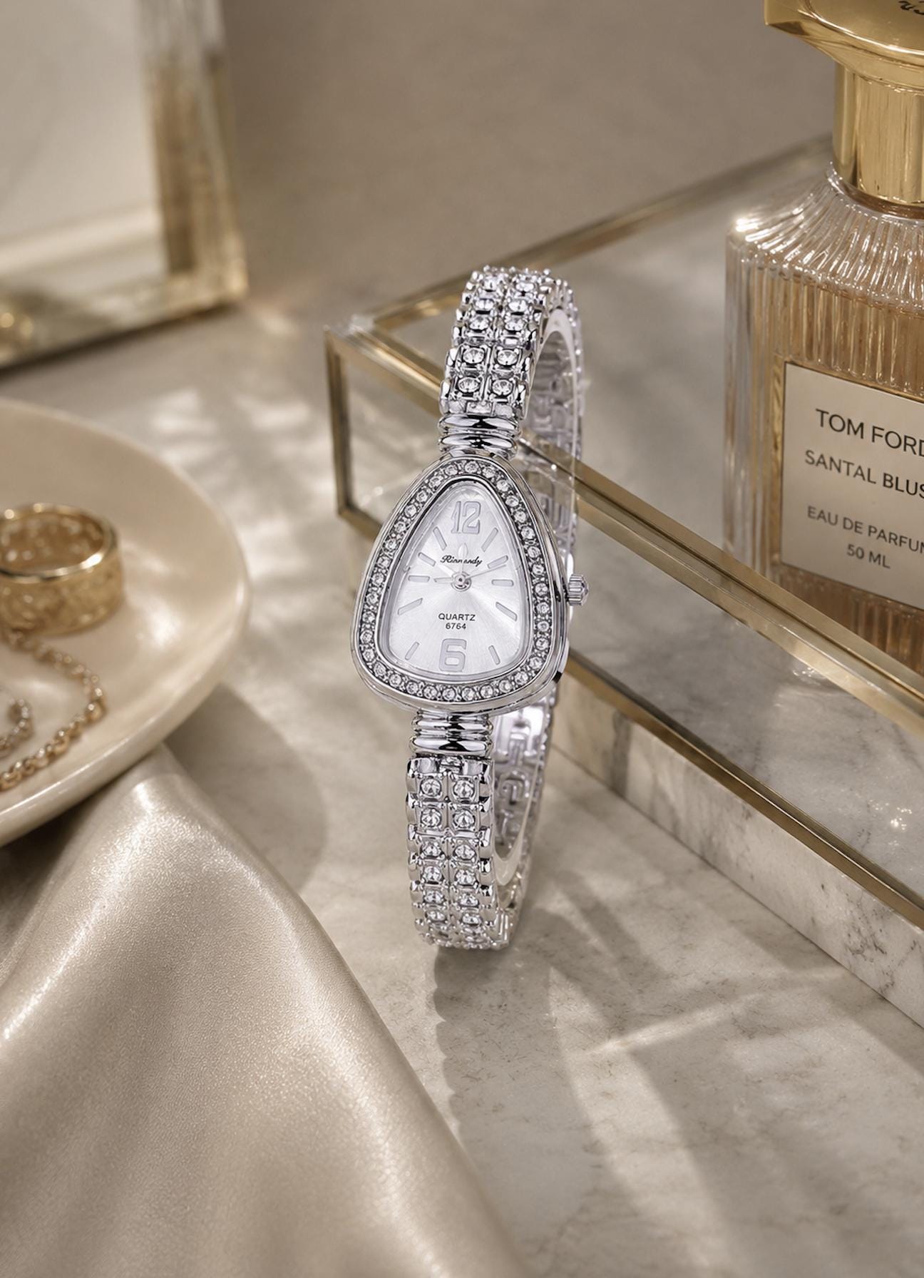 Women's Gold Crystal Watch, Elegant Bracelet Watch, Luxury Quartz Dress Watch Gift for Her