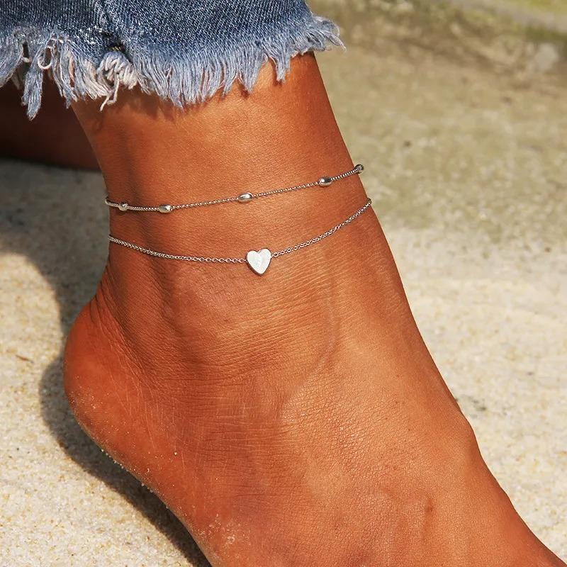 Minimalist Double Layer Heart Anklet • Gold Silver Beach Foot Jewelry • Dainty Ankle Bracelet