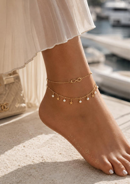 Minimalist Double Layer Heart Anklet • Gold Silver Beach Foot Jewelry • Dainty Ankle Bracelet