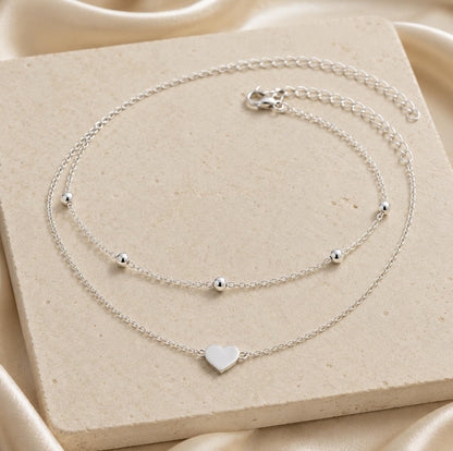 Minimalist Double Layer Heart Anklet • Gold Silver Beach Foot Jewelry • Dainty Ankle Bracelet