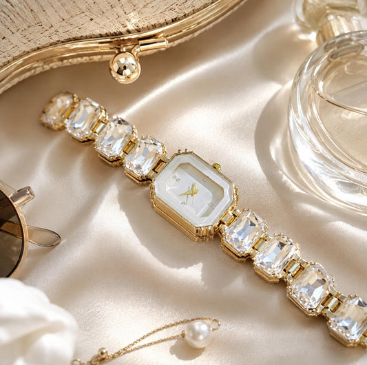 Women’s Crystal Bracelet Watch | Gold Jewellery Watch | Elegant Quartz Wrist Watch | Gift for Her
