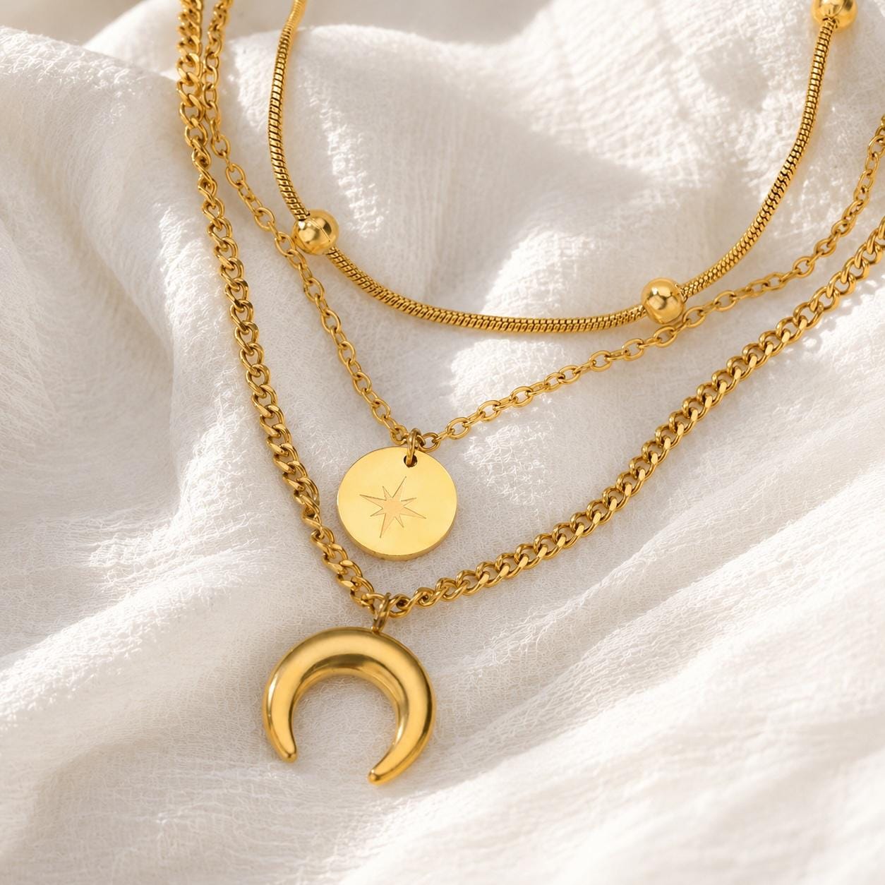 Gold Layered Necklace Set | 3 Piece Moon Star Pendant Necklace | Dainty Boho Layering Chain | Gift for Her