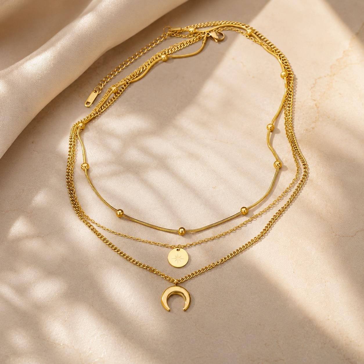 Gold Layered Necklace Set | 3 Piece Moon Star Pendant Necklace | Dainty Boho Layering Chain | Gift for Her