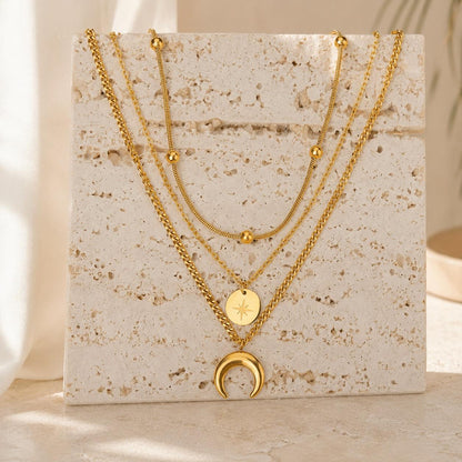 Gold Layered Necklace Set | 3 Piece Moon Star Pendant Necklace | Dainty Boho Layering Chain | Gift for Her