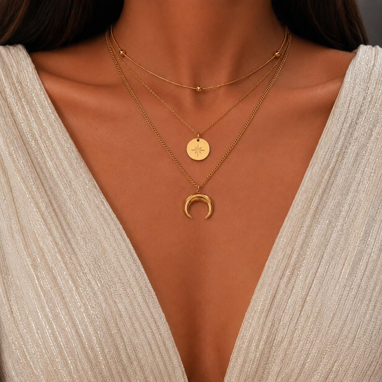 Gold Layered Necklace Set | 3 Piece Moon Star Pendant Necklace | Dainty Boho Layering Chain | Gift for Her