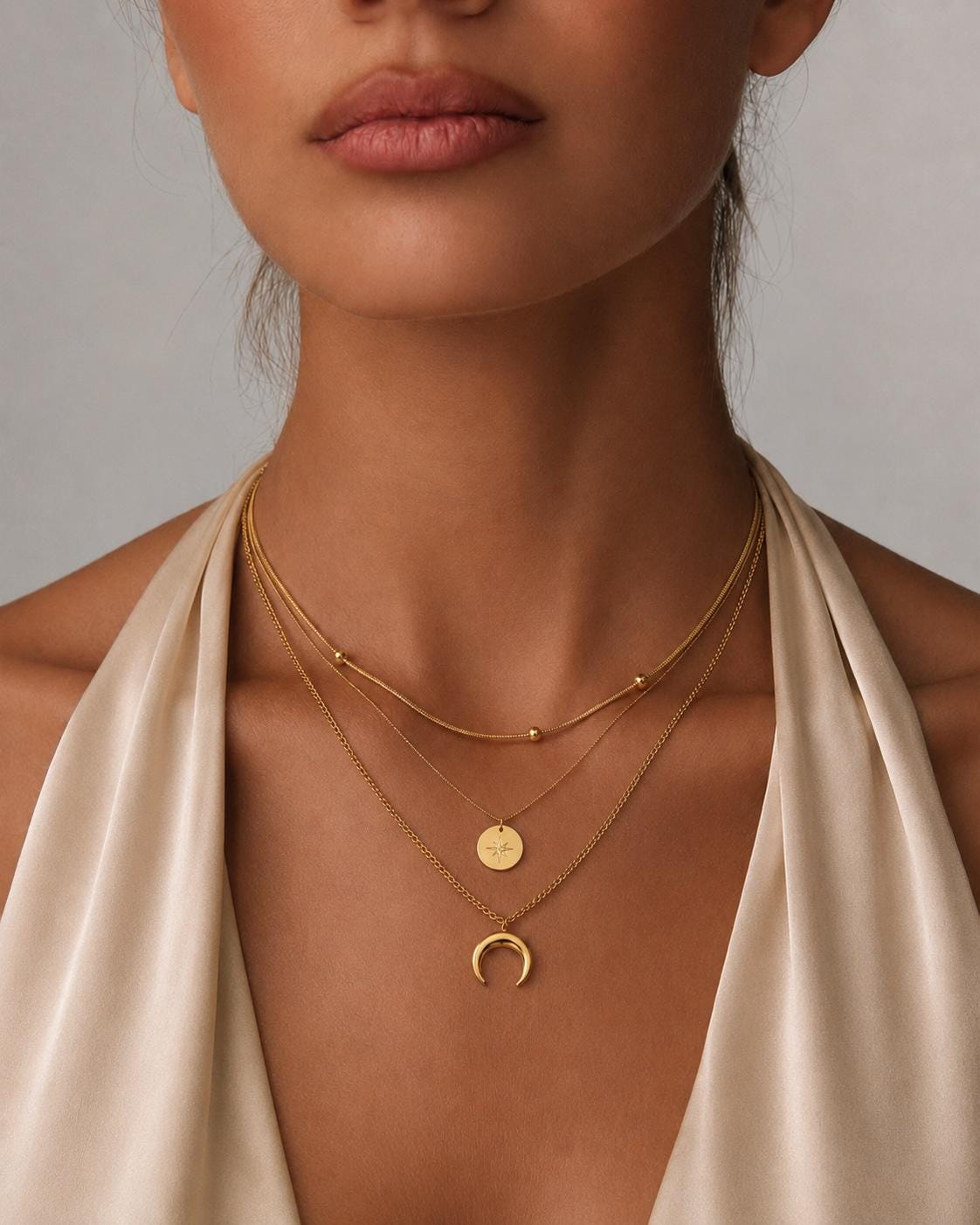 Gold Layered Necklace Set | 3 Piece Moon Star Pendant Necklace | Dainty Boho Layering Chain | Gift for Her