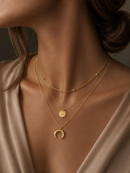 Gold Layered Necklace Set | 3 Piece Moon Star Pendant Necklace | Dainty Boho Layering Chain | Gift for Her