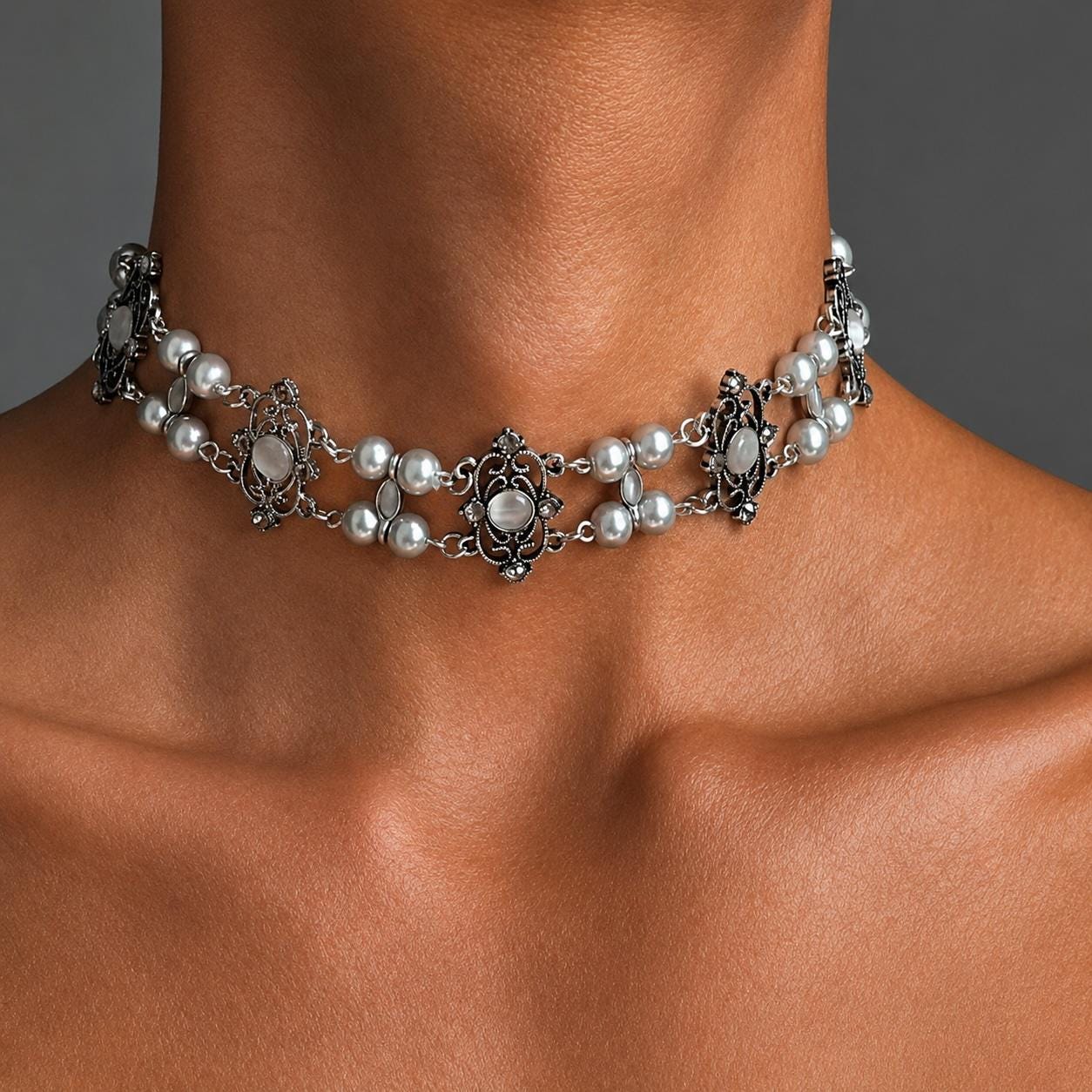 Vintage Pearl Choker Necklace | Double Layer Crystal Choker | Antique Style Statement Jewellery | Gift for Her