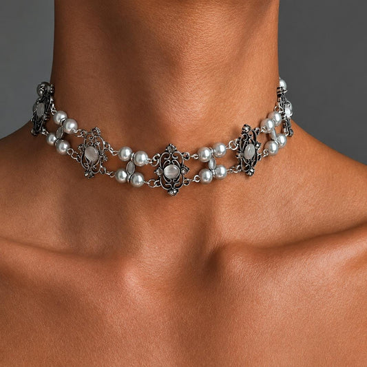 Vintage Pearl Choker Necklace | Double Layer Crystal Choker | Antique Style Statement Jewellery | Gift for Her