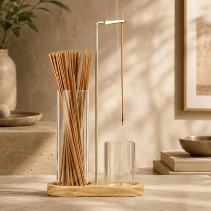 Glass Incense Holder Set | Wooden Ash Catcher Stand | Mess Free Zen Incense Burner | Japandi Meditation Spiritual Gift