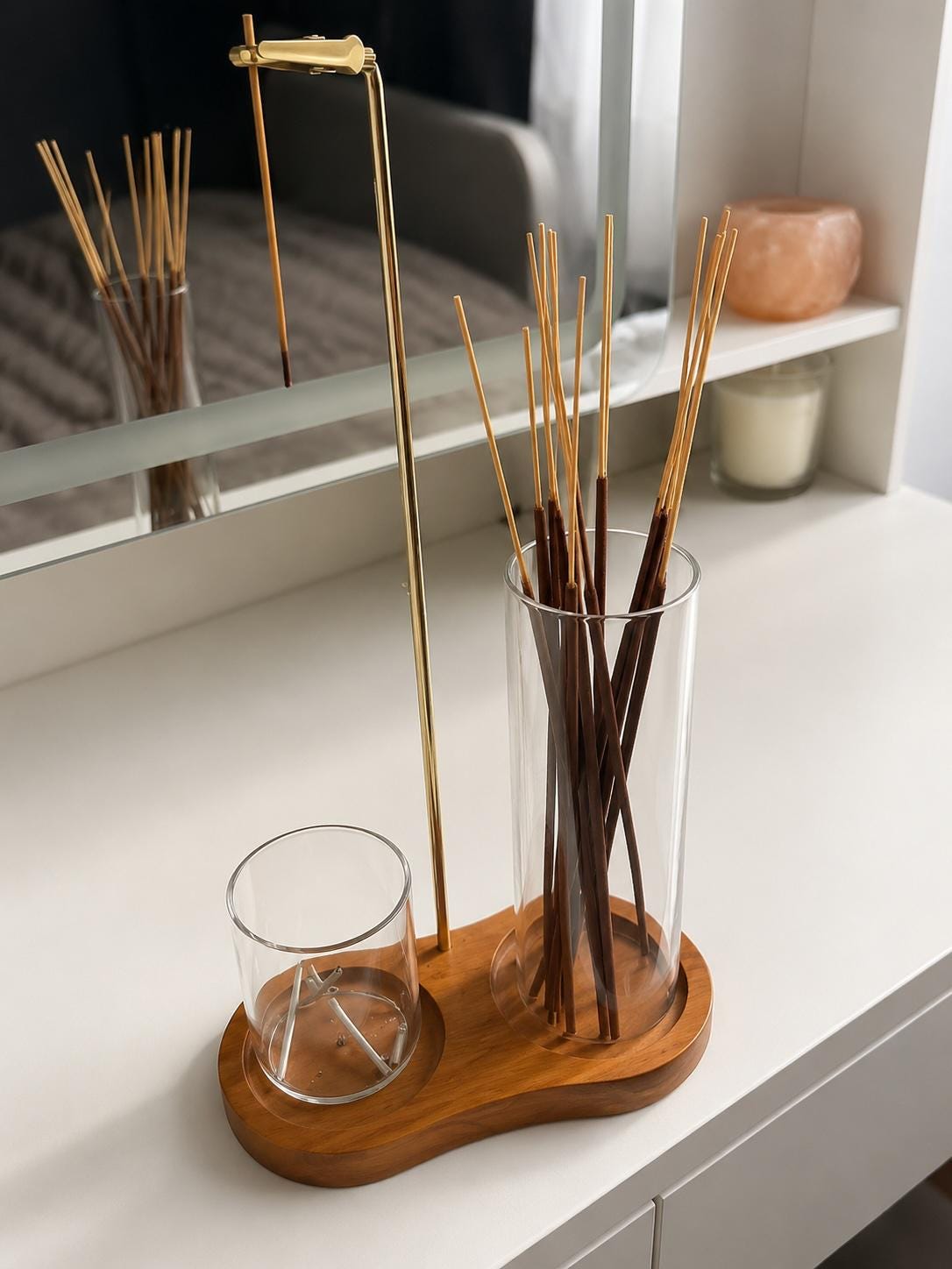 Glass Incense Holder Set | Wooden Ash Catcher Stand | Mess Free Zen Incense Burner | Japandi Meditation Spiritual Gift