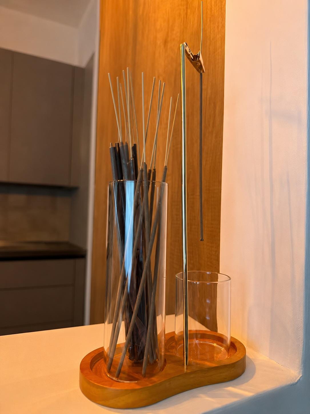 Glass Incense Holder Set | Wooden Ash Catcher Stand | Mess Free Zen Incense Burner | Japandi Meditation Spiritual Gift