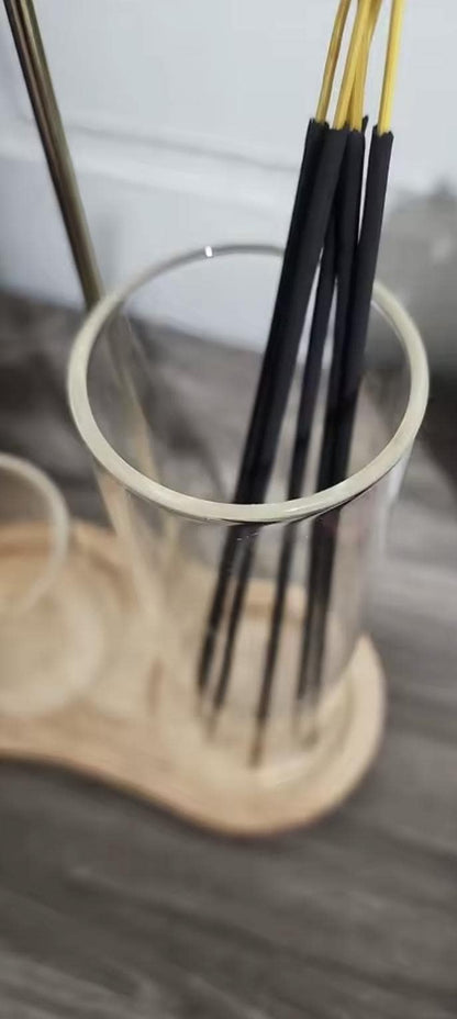 Glass Incense Holder Set | Wooden Ash Catcher Stand | Mess Free Zen Incense Burner | Japandi Meditation Spiritual Gift