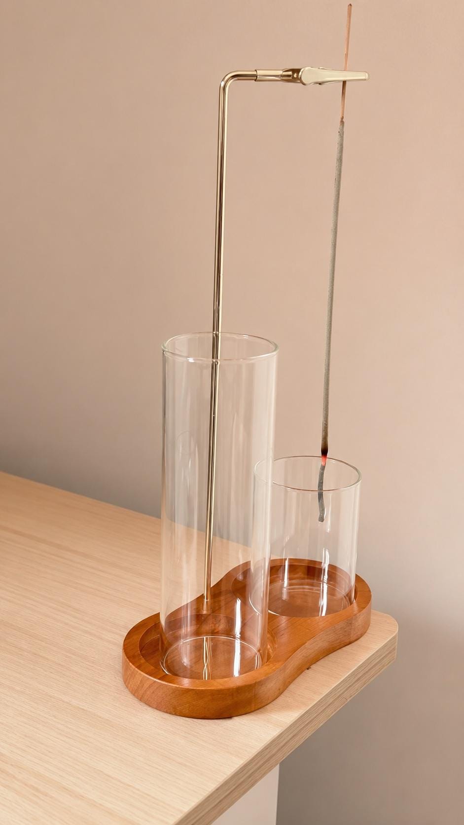 Glass Incense Holder Set | Wooden Ash Catcher Stand | Mess Free Zen Incense Burner | Japandi Meditation Spiritual Gift