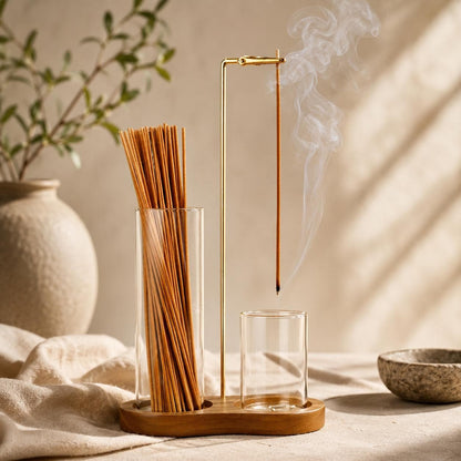 Glass Incense Holder Set | Wooden Ash Catcher Stand | Mess Free Zen Incense Burner | Japandi Meditation Spiritual Gift