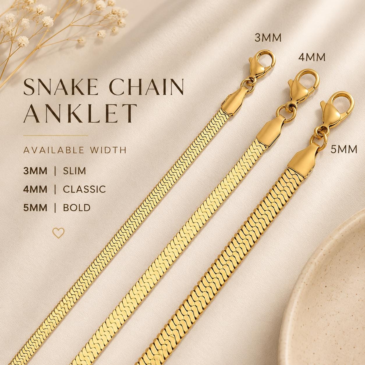 Gold Herringbone Anklet for Women, Snake Chain Ankle Bracelet, Stainless Steel Adjustable Summer Beach Jewellery Gift