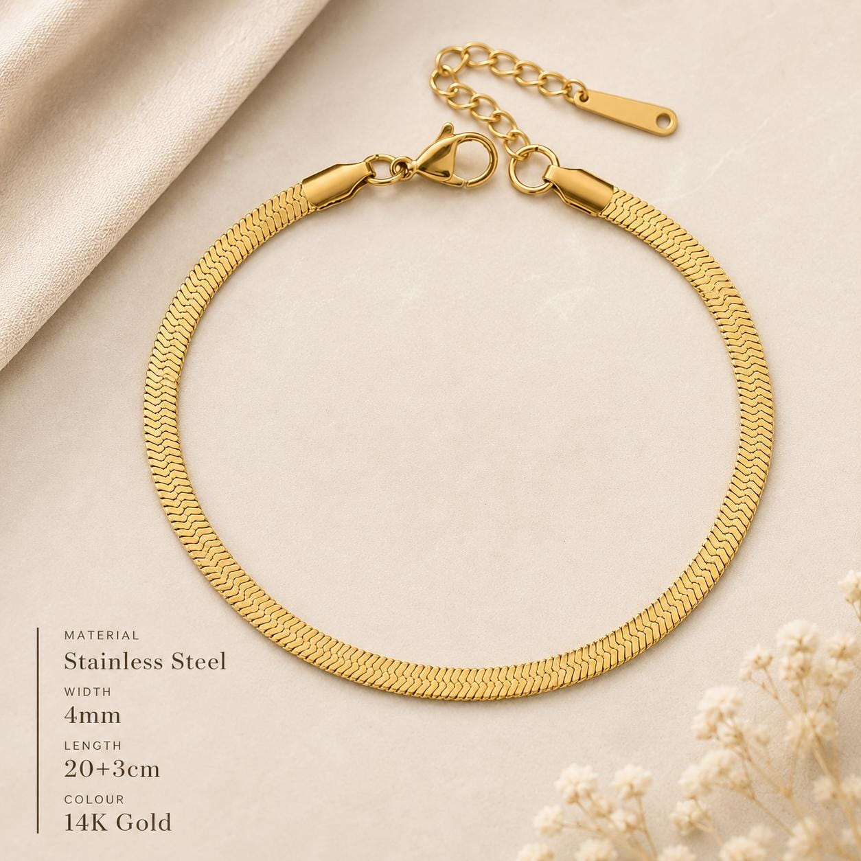 Gold Herringbone Anklet for Women, Snake Chain Ankle Bracelet, Stainless Steel Adjustable Summer Beach Jewellery Gift