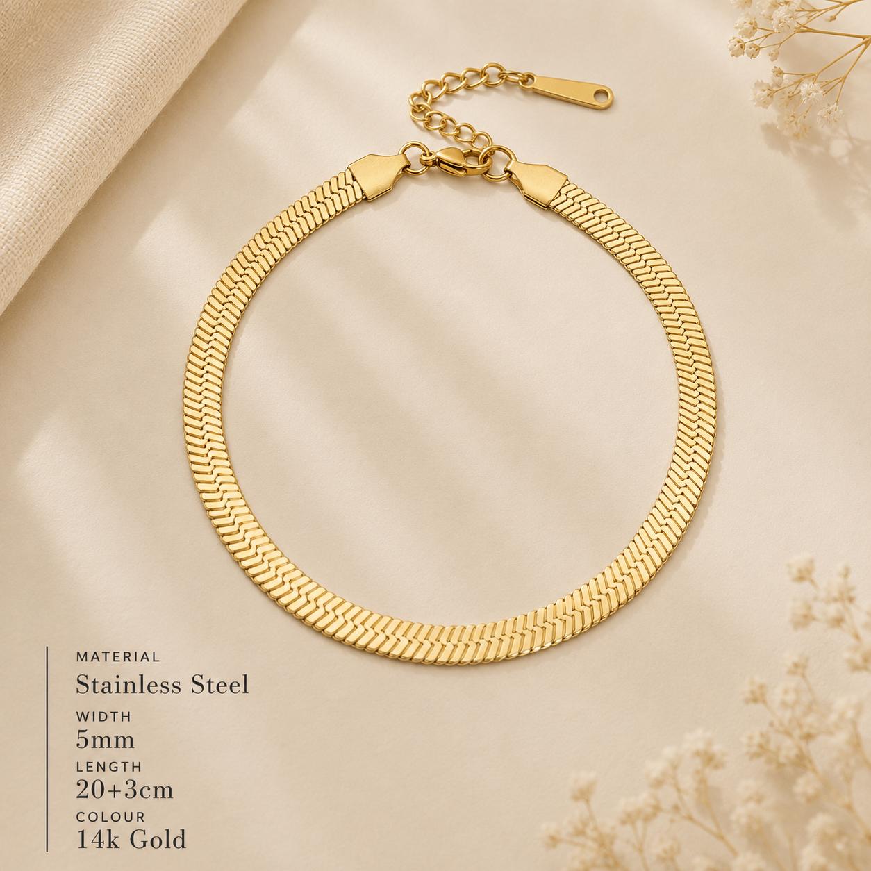 Gold Herringbone Anklet for Women, Snake Chain Ankle Bracelet, Stainless Steel Adjustable Summer Beach Jewellery Gift