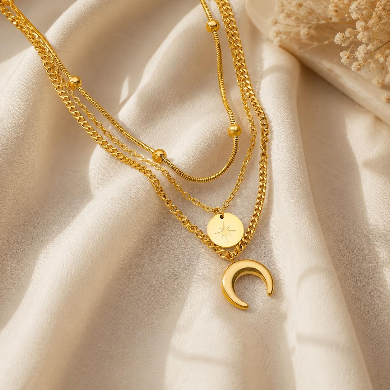 Gold Layered Necklace Set | 3 Piece Moon Star Pendant Necklace | Dainty Boho Layering Chain | Gift for Her