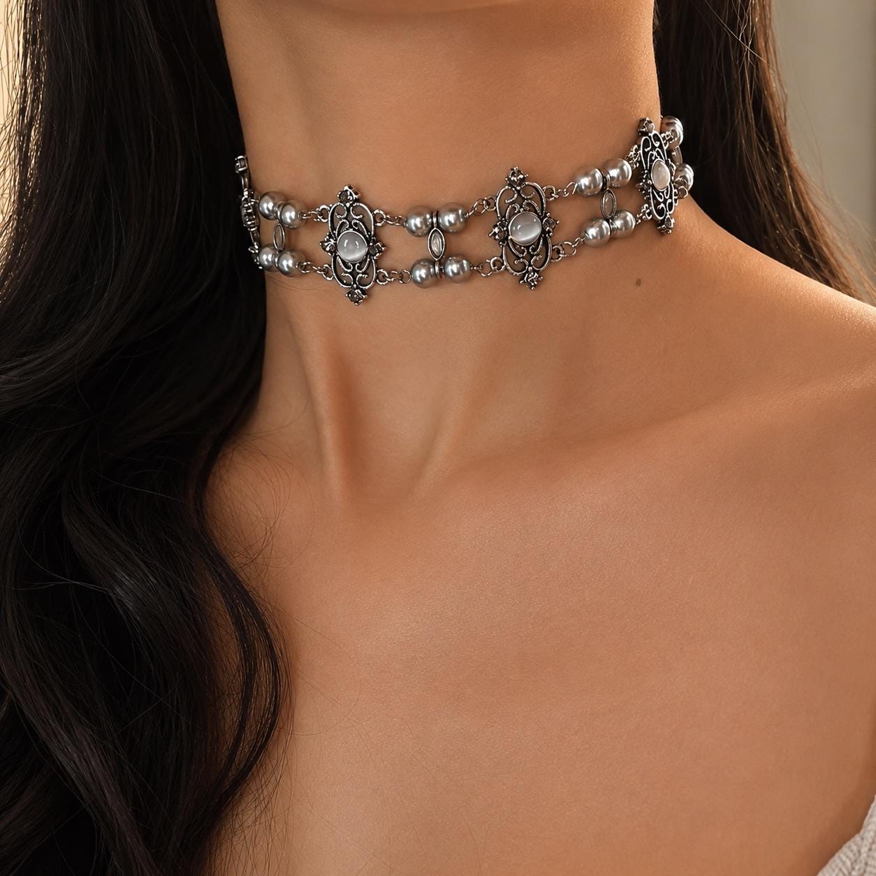 Vintage Pearl Choker Necklace | Double Layer Crystal Choker | Antique Style Statement Jewellery | Gift for Her