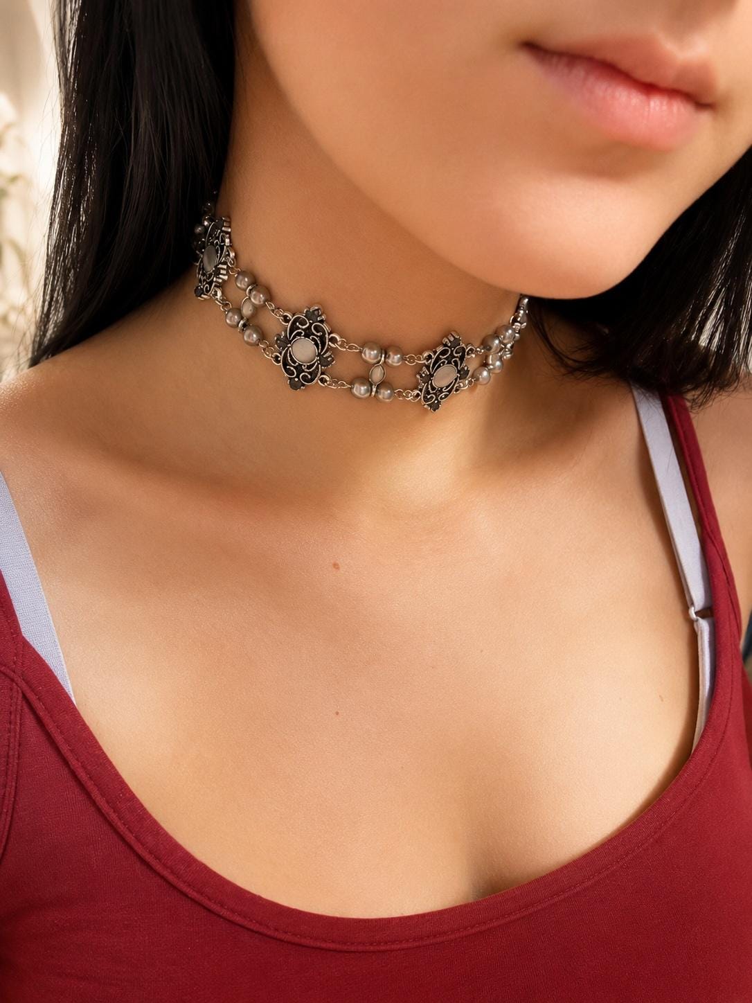 Vintage Pearl Choker Necklace | Double Layer Crystal Choker | Antique Style Statement Jewellery | Gift for Her
