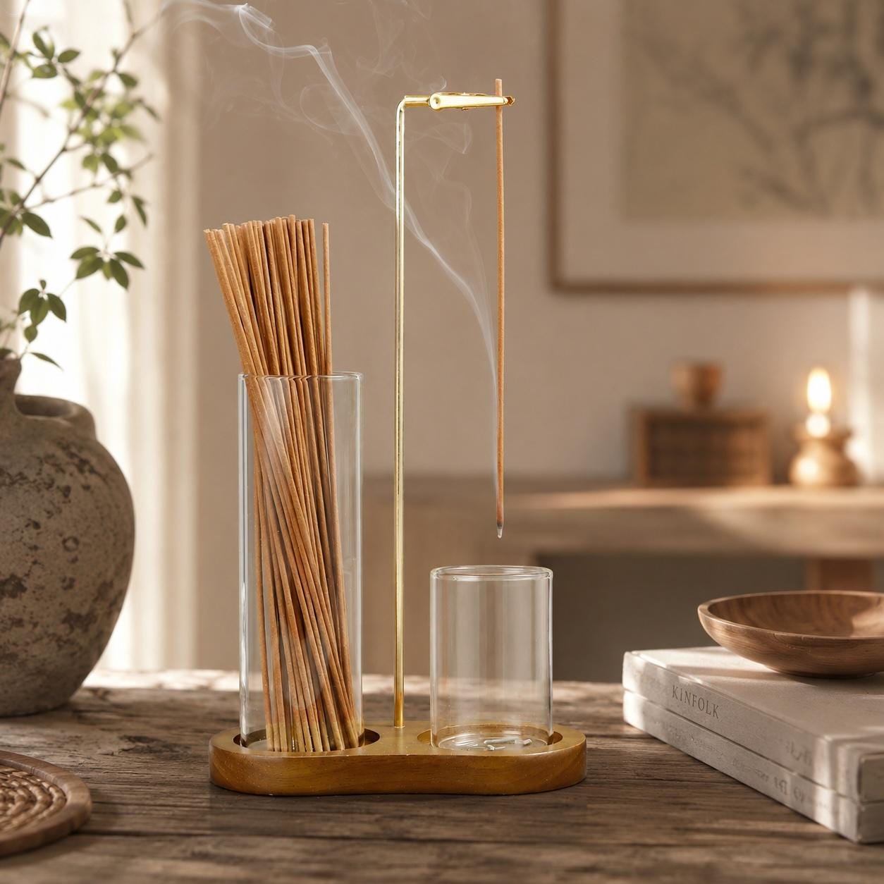 Glass Incense Holder Set | Wooden Ash Catcher Stand | Mess Free Zen Incense Burner | Japandi Meditation Spiritual Gift