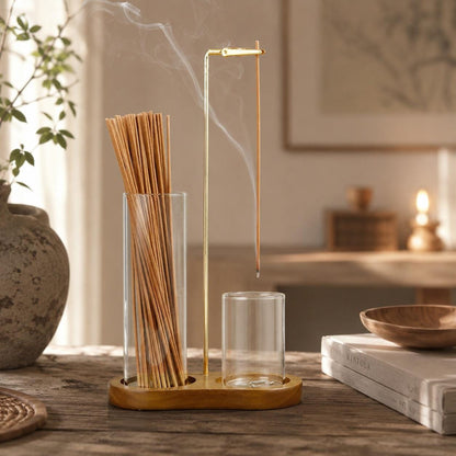 Glass Incense Holder Set | Wooden Ash Catcher Stand | Mess Free Zen Incense Burner | Japandi Meditation Spiritual Gift