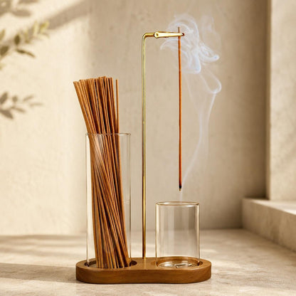 Glass Incense Holder Set | Wooden Ash Catcher Stand | Mess Free Zen Incense Burner | Japandi Meditation Spiritual Gift