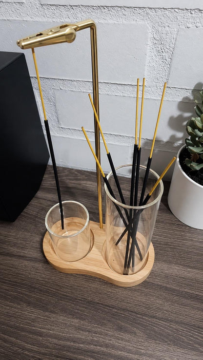 Glass Incense Holder Set | Wooden Ash Catcher Stand | Mess Free Zen Incense Burner | Japandi Meditation Spiritual Gift