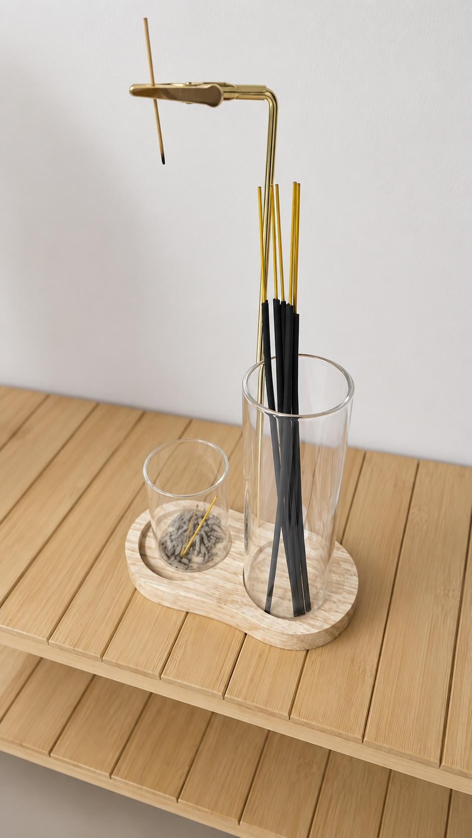 Glass Incense Holder Set | Wooden Ash Catcher Stand | Mess Free Zen Incense Burner | Japandi Meditation Spiritual Gift