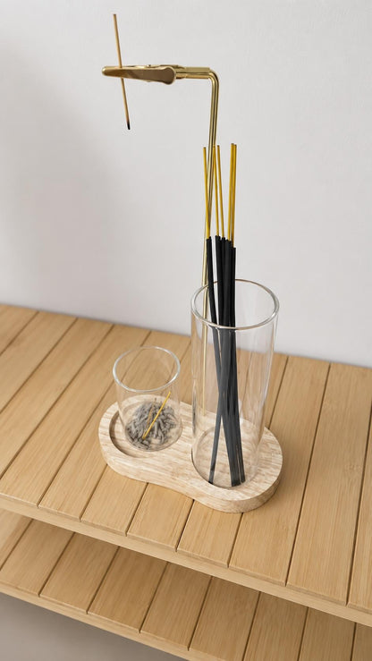 Glass Incense Holder Set | Wooden Ash Catcher Stand | Mess Free Zen Incense Burner | Japandi Meditation Spiritual Gift