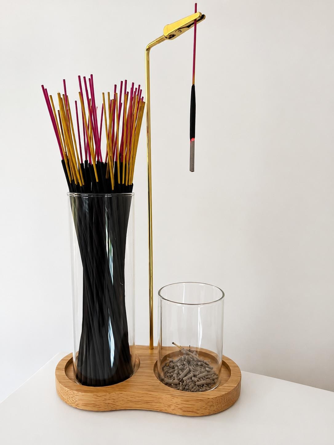Glass Incense Holder Set | Wooden Ash Catcher Stand | Mess Free Zen Incense Burner | Japandi Meditation Spiritual Gift