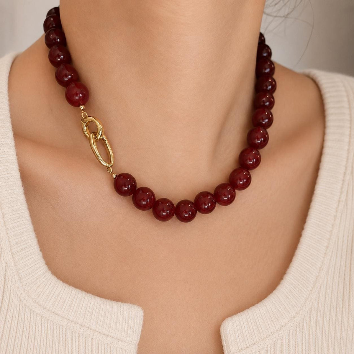 Dark Red Agate Style Choker Necklace for Women, Burgundy Glass Bead Necklace, Gold Toggle Clasp Gift for Her