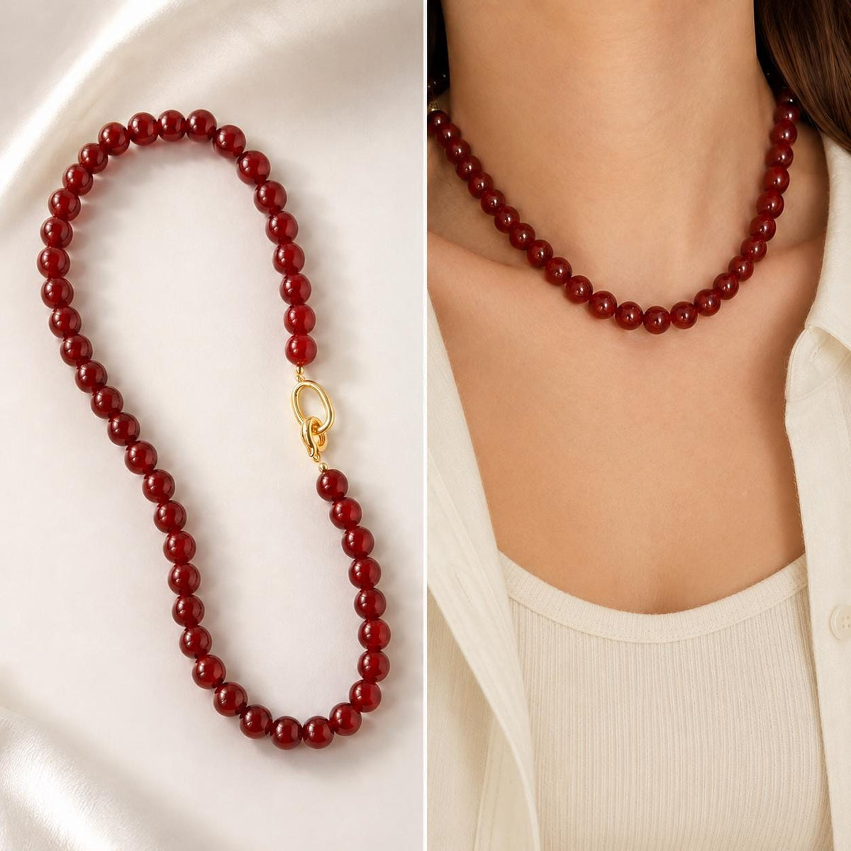 Dark Red Agate Style Choker Necklace for Women, Burgundy Glass Bead Necklace, Gold Toggle Clasp Gift for Her