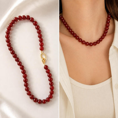 Dark Red Agate Style Choker Necklace for Women, Burgundy Glass Bead Necklace, Gold Toggle Clasp Gift for Her