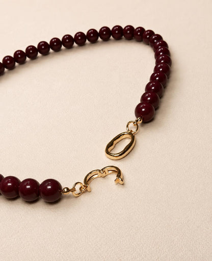 Dark Red Agate Style Choker Necklace for Women, Burgundy Glass Bead Necklace, Gold Toggle Clasp Gift for Her