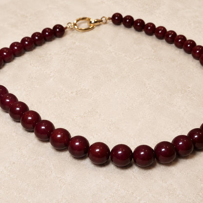 Dark Red Agate Style Choker Necklace for Women, Burgundy Glass Bead Necklace, Gold Toggle Clasp Gift for Her