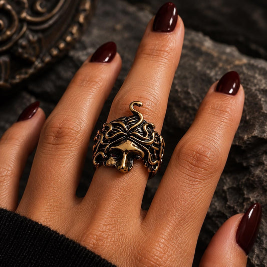 Medusa Head Ring for Women, Greek Mythology Stainless Steel Ring, Gothic Punk Statement Jewellery, Rustic Gold Gift for Her