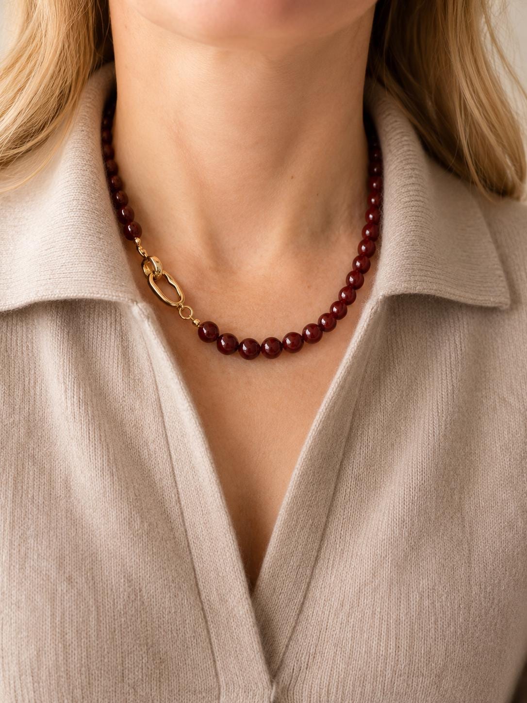 Dark Red Agate Style Choker Necklace for Women, Burgundy Glass Bead Necklace, Gold Toggle Clasp Gift for Her