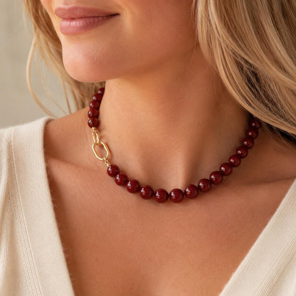 Dark Red Agate Style Choker Necklace for Women, Burgundy Glass Bead Necklace, Gold Toggle Clasp Gift for Her