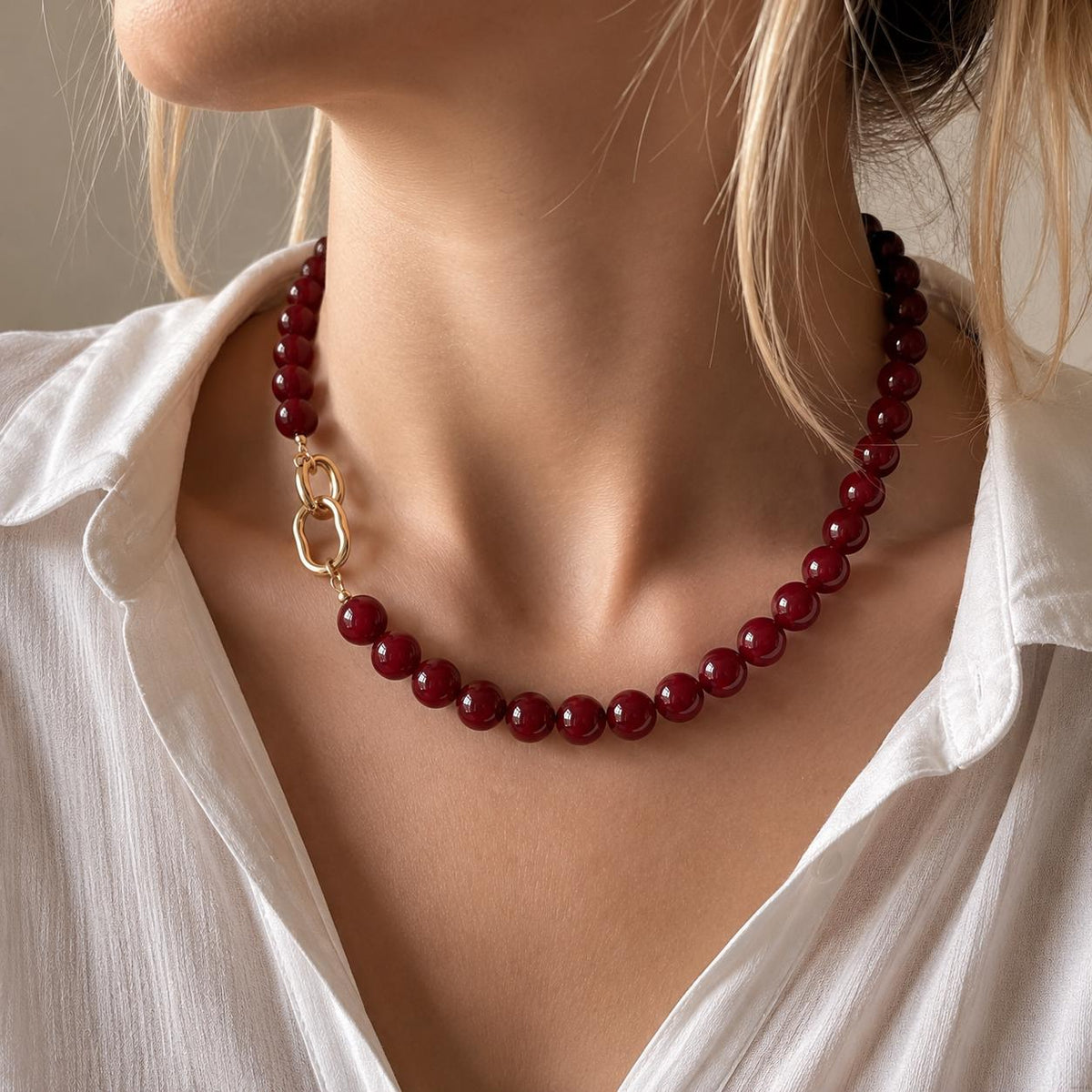 Dark Red Agate Style Choker Necklace for Women, Burgundy Glass Bead Necklace, Gold Toggle Clasp Gift for Her