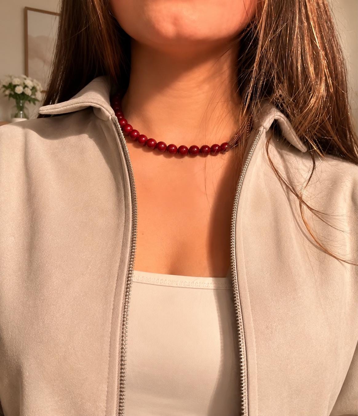 Dark Red Agate Style Choker Necklace for Women, Burgundy Glass Bead Necklace, Gold Toggle Clasp Gift for Her
