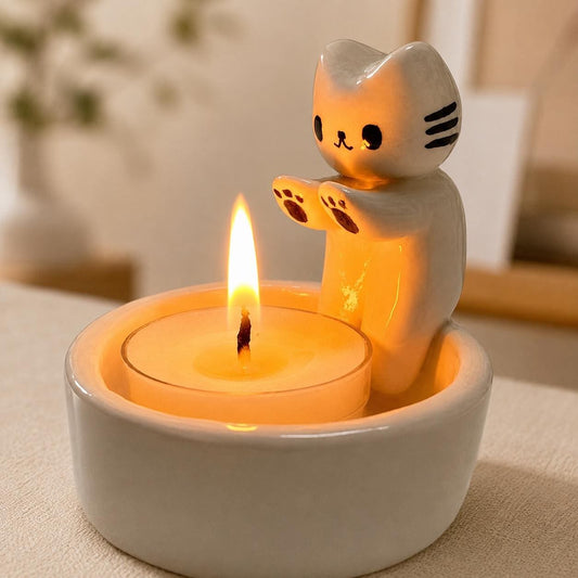 Cat Tealight Candle Holder, Ceramic Kitten Candle Warmer, Cute Cat Home Decor Gift for Cat Lovers
