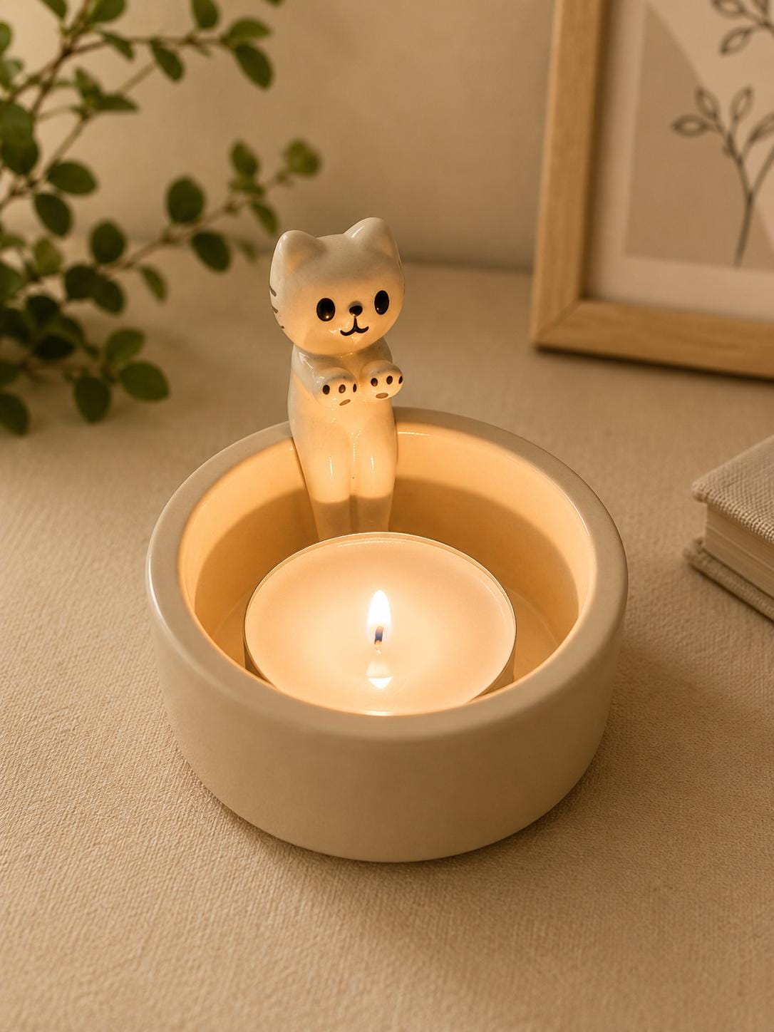 Cat Tealight Candle Holder, Ceramic Kitten Candle Warmer, Cute Cat Home Decor Gift for Cat Lovers